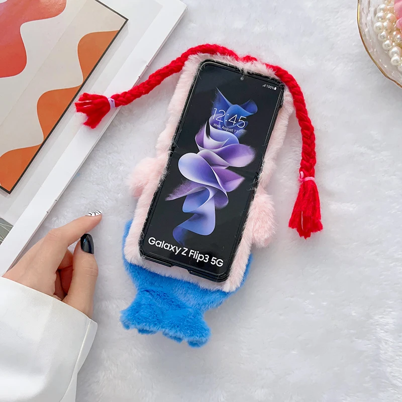 Case For Samsung Galaxy Z Flip 4 Z Flip 3 Plush Large mouth Braid Mermaid Mobile Phone Case Cover