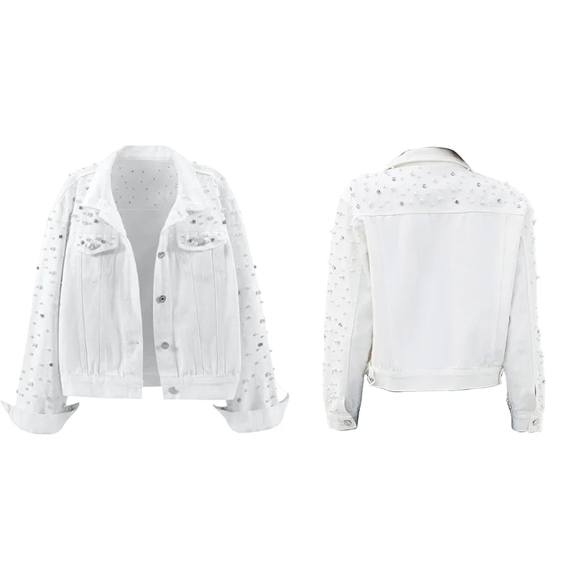 ABAH-سترة جينز لؤلؤية للنساء من قماش الدنيم بأحجار الراين المقصوصة