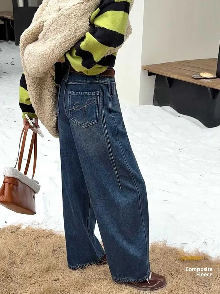 

Зима 2025 г. Женские свободные широкие прямые джинсы на подкладке с изогнутыми лезвиями в стиле ретро Hong Sle с высокой талией, повседневная одежда