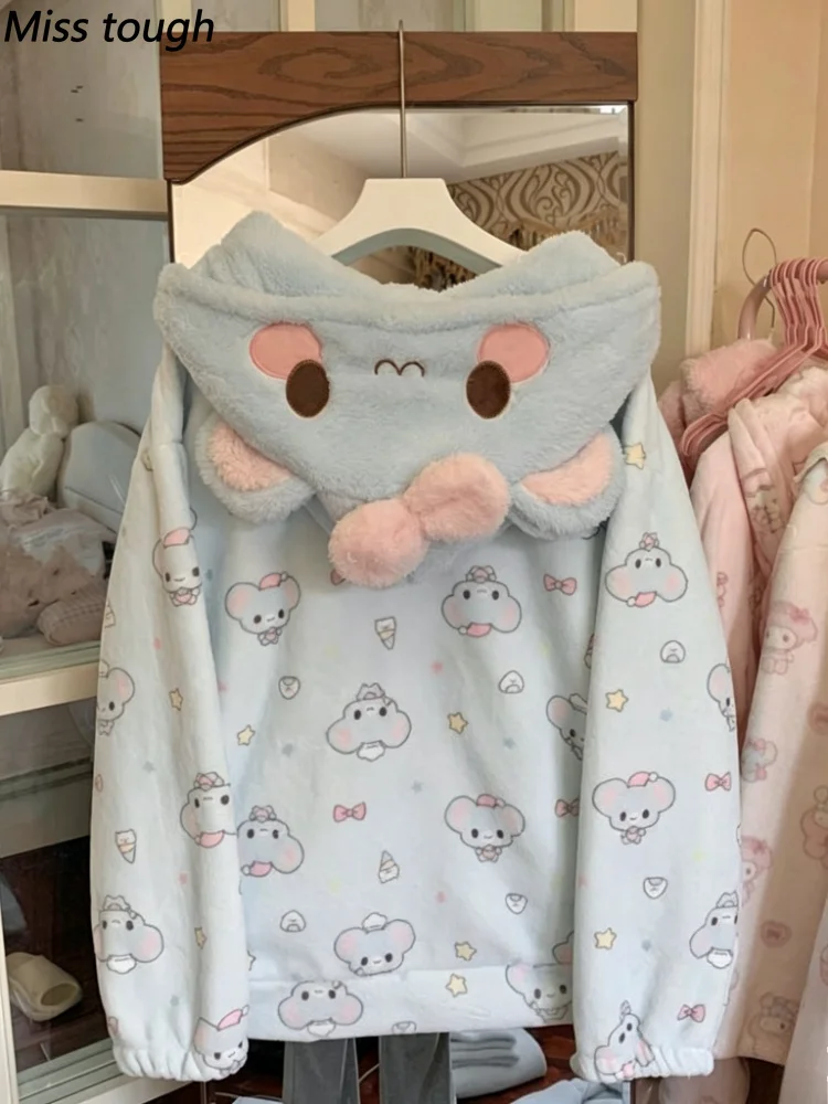 Japanese Kawaii Harajuku Womens Coat Autumn Winter Thicken Blue Sweet Cute Loose Hoodies Design Coral Fleece Korean Sweatshirts