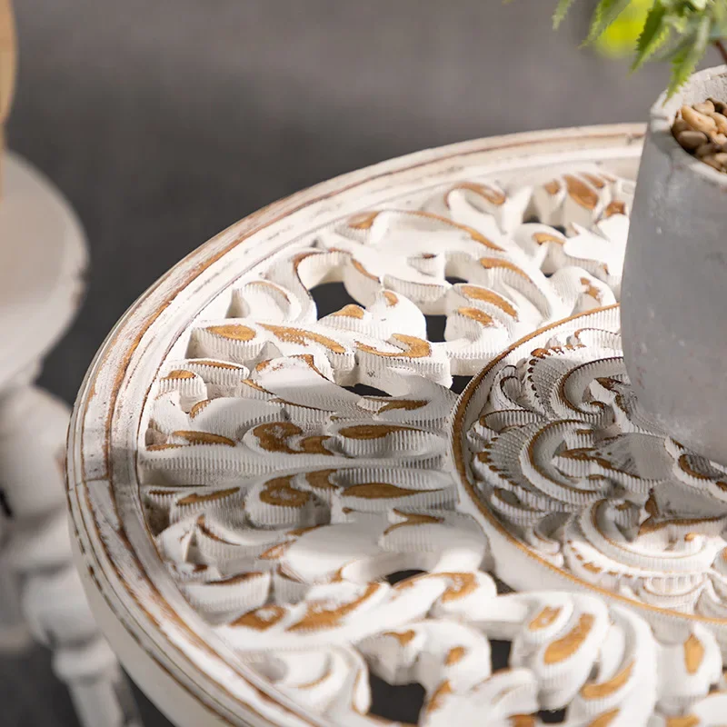 Roman column solid wood sofa edge small round table living room balcony casual round small coffee retro image 3