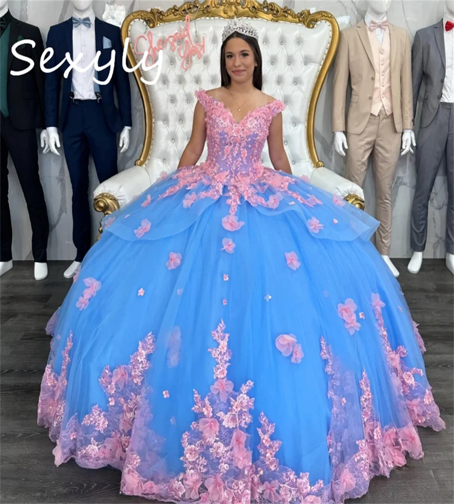 Robe personnalisée Charro Quinceanera avec fleurs roses, robe de Rh, dentelle douce d'anniversaire, pelucheuse, Xv Blue, 15 robes éducatives