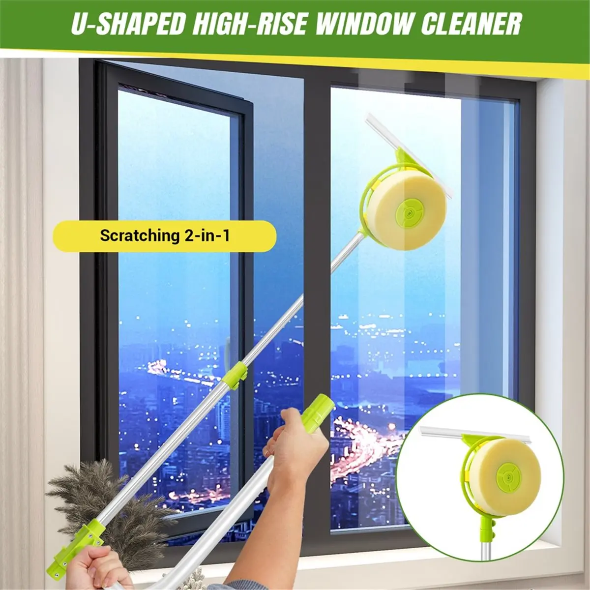 Multi-use Gear Telescopic Window Cleaning Tool Set with Smart Angle Adjust and Squeegee U-Shaped Design