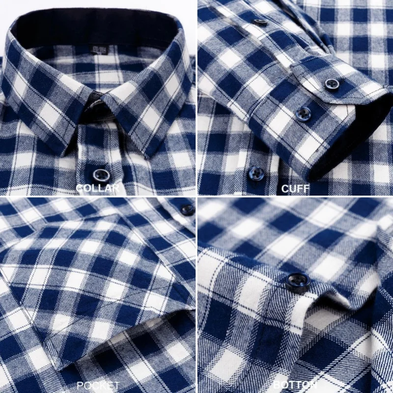 100% Pure Cotton Men Long Sleeve Shirt Plaid Stripe Flannel Business Casual Classic Breathable Men Pocket Button Workwear Shirt