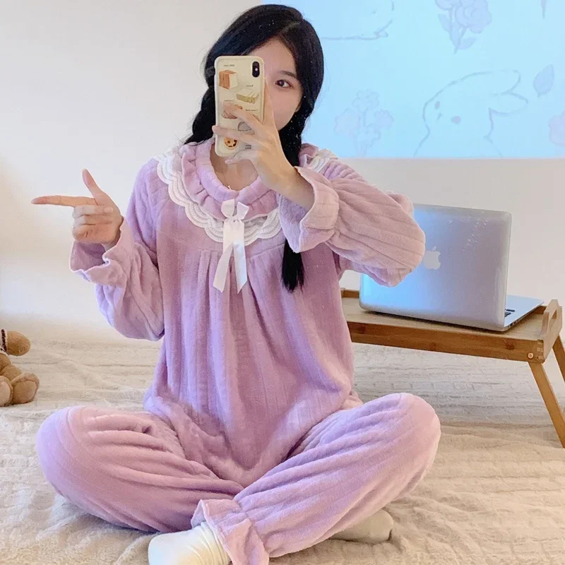 أطقم بيجامات شتوية حلوة من الدانتيل لعام 2025 بأكمام طويلة سميكة ودافئة من الفلانيل للنساء ملابس نوم كورية لطيفة ملابس منزلية ملابس منزلية #6