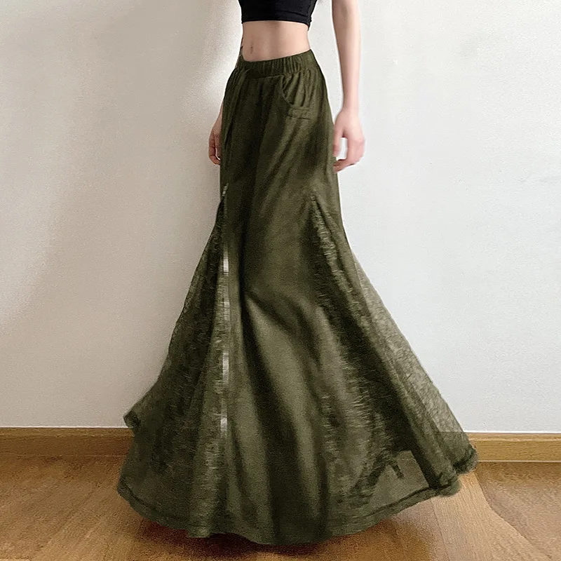 

Retro Forest System Spicy Girl Lace Patchwork Low Waist Skirt Heavy Embroidery Zipper Deer Suede Floor Length A-Line Skirt