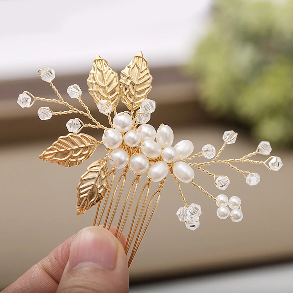 Elegant Wedding Hair Combs Bride Hair Jewelry Gold Color Alloy Leaves Hairpins Side Clips Flower Crown for Bridal Hair Accessory