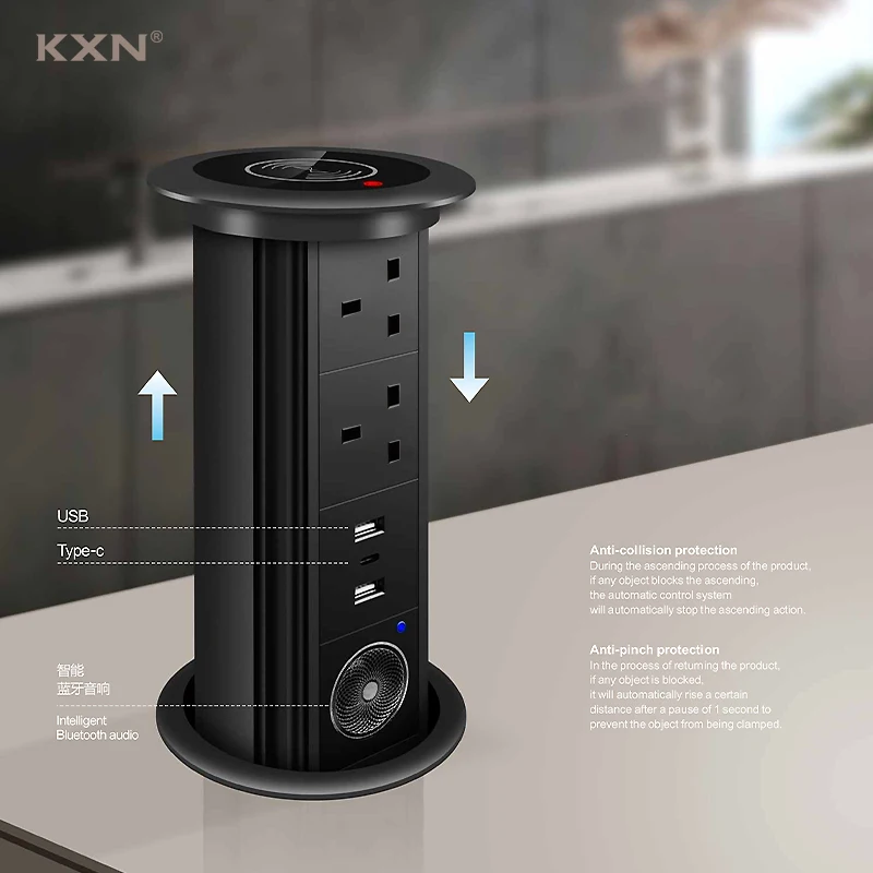 New Design UK Standard Smart Electrical Motorized Pop up Socket with Bluetooth Speaker Wireless Charging Lifting Tower Soc - Image 3