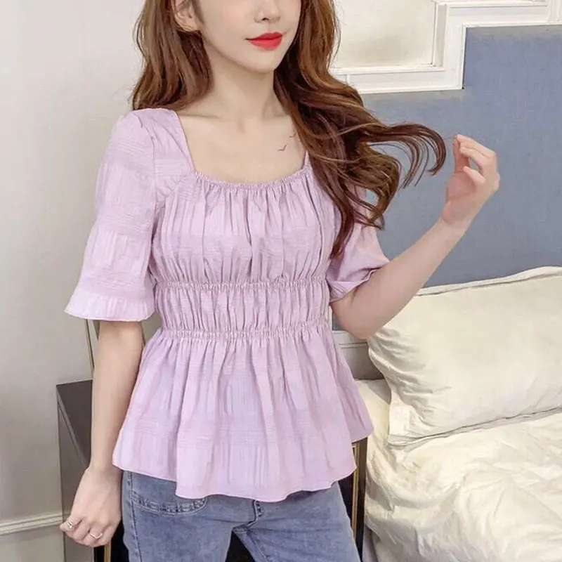 Square Collar Tshirt for Women Loose Tops Monochromatic Simple and Elegant Casual Clothes All-Match Korean Fashion Summer