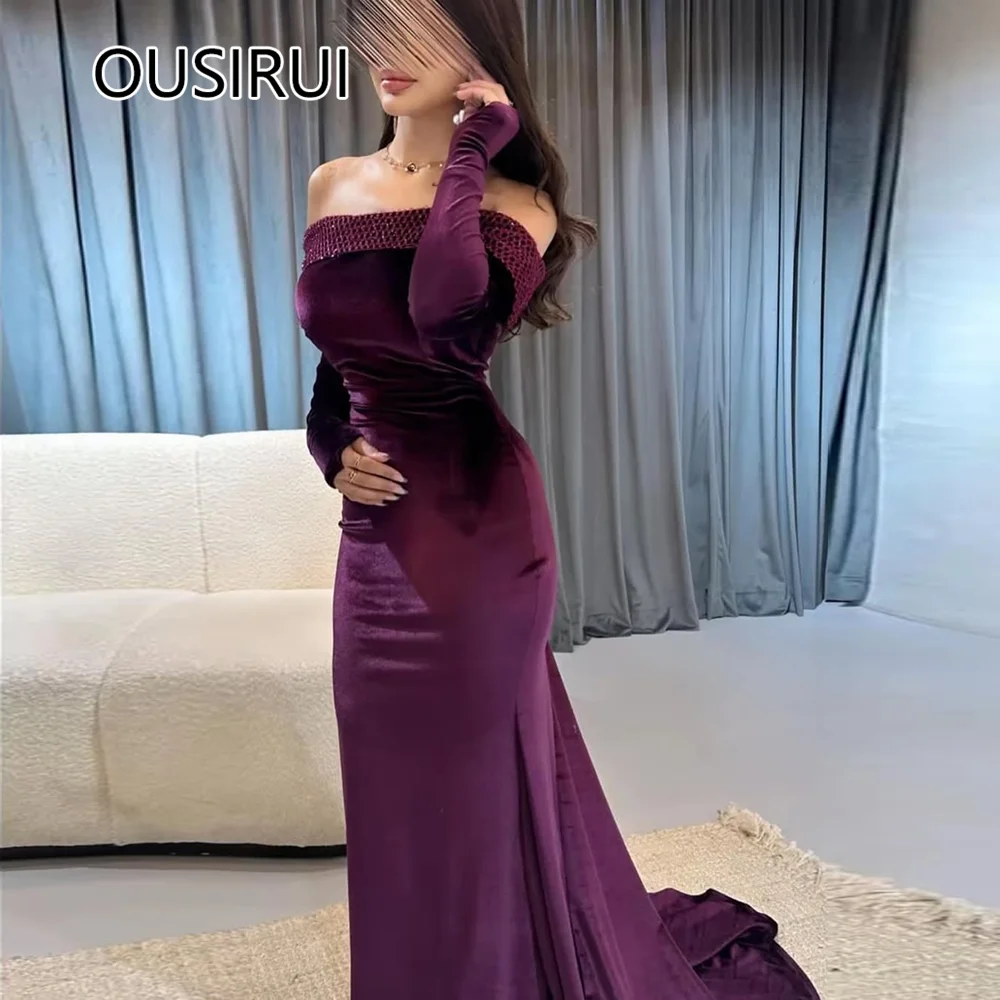 

Glamorous Boat Collar Velet Saudi Bridesmaid Dress Mermaid Sexy Long Sleeve Beaded Court Arab Prom Gown for Bridal Custom Made