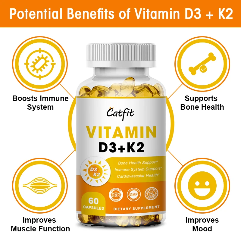 Premium Vitamin D3+K2 Capsules Vitamin D3 5000 K2 (MK7) For Whole Wellness & Immune Vitamins Supplement