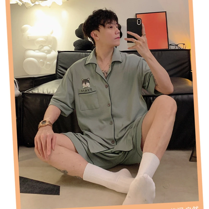 Large Size 3-piece Set Pajamas Men Summer Cotton Nightwear Short Sleeves Top & Long Pant & Shorts Homewear Teen Students Pjs