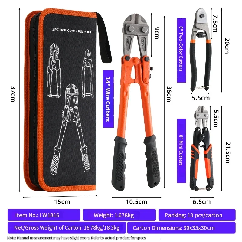 Bolt Cutter Set 3PCS CR-V Steel 14 Inch Bolt Cutter 8 Inch Mini Wire Rope Cable Cutter