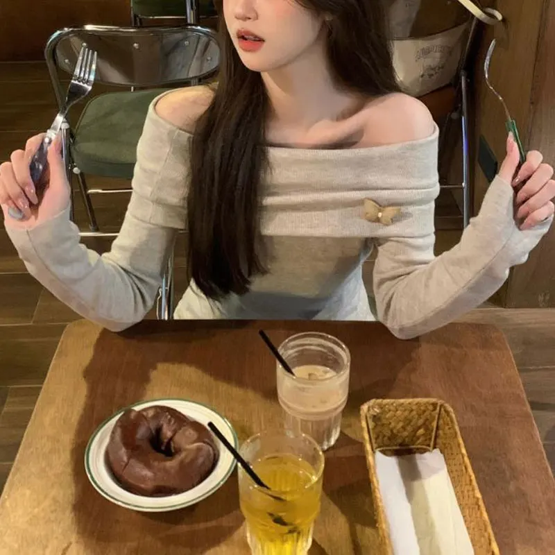 

French Style Slash Neck Slim T-shirts Spring Autumn Solid Color Female Clothing Off Shoulder Fashion Butterfly Aura Pullovers