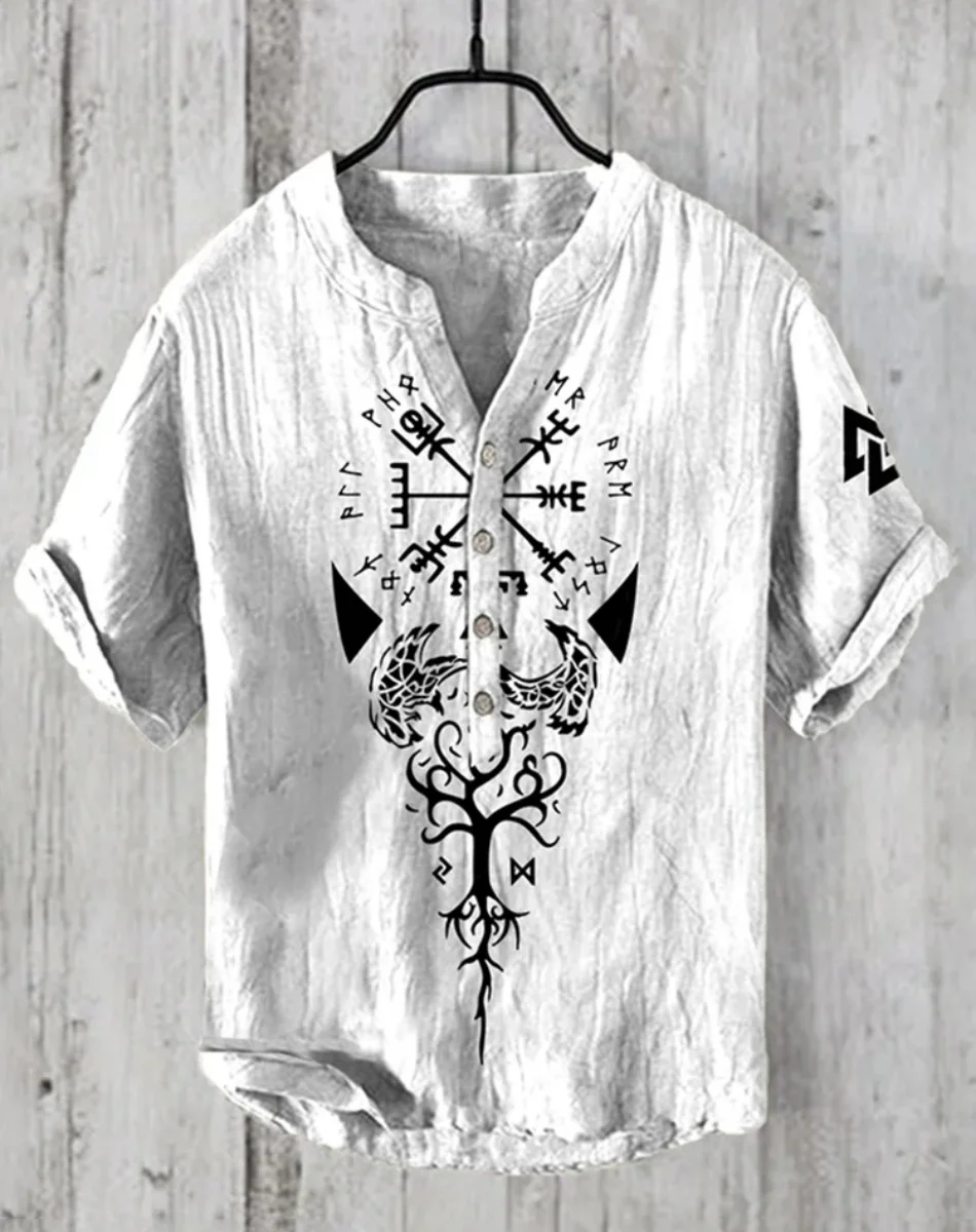 Herrenhemd Ethnischer Stil 3D-Druck Wikinger Herrenmode Plus Size Knopf Stehkragen Kurzarmhemd Herrenbekleidung Fast S