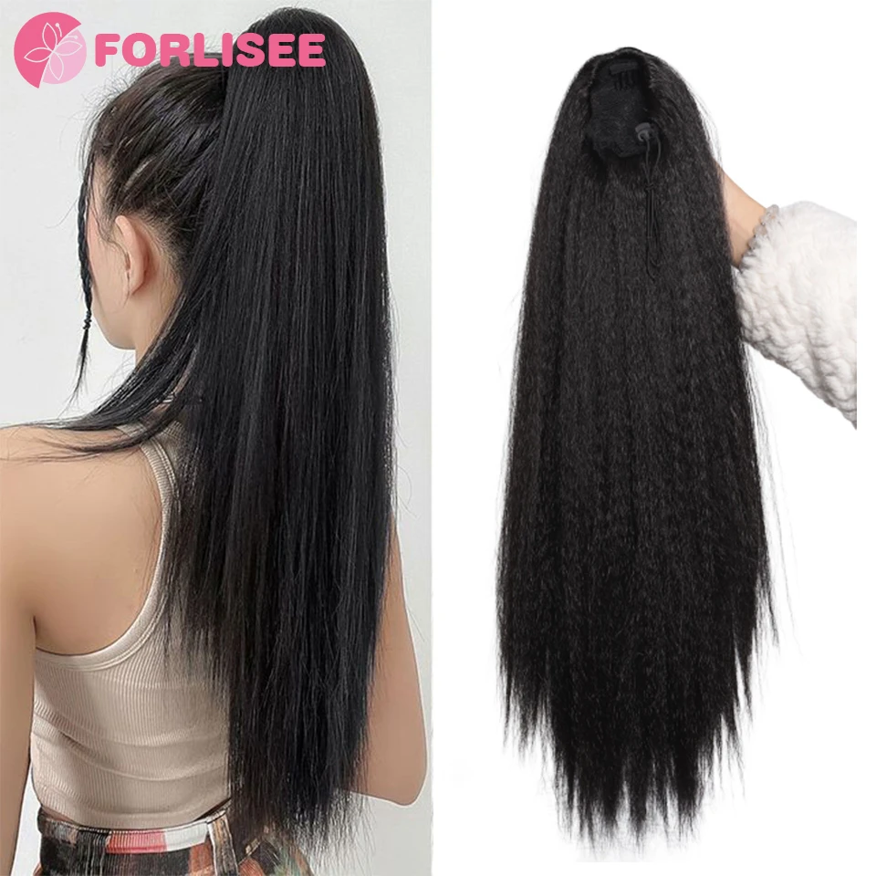 

FORLISEE 25 Inches Long Straight Hair Drawstring Hair Extensions Fluffy Ponytail Wig Female Jacques Ponytail