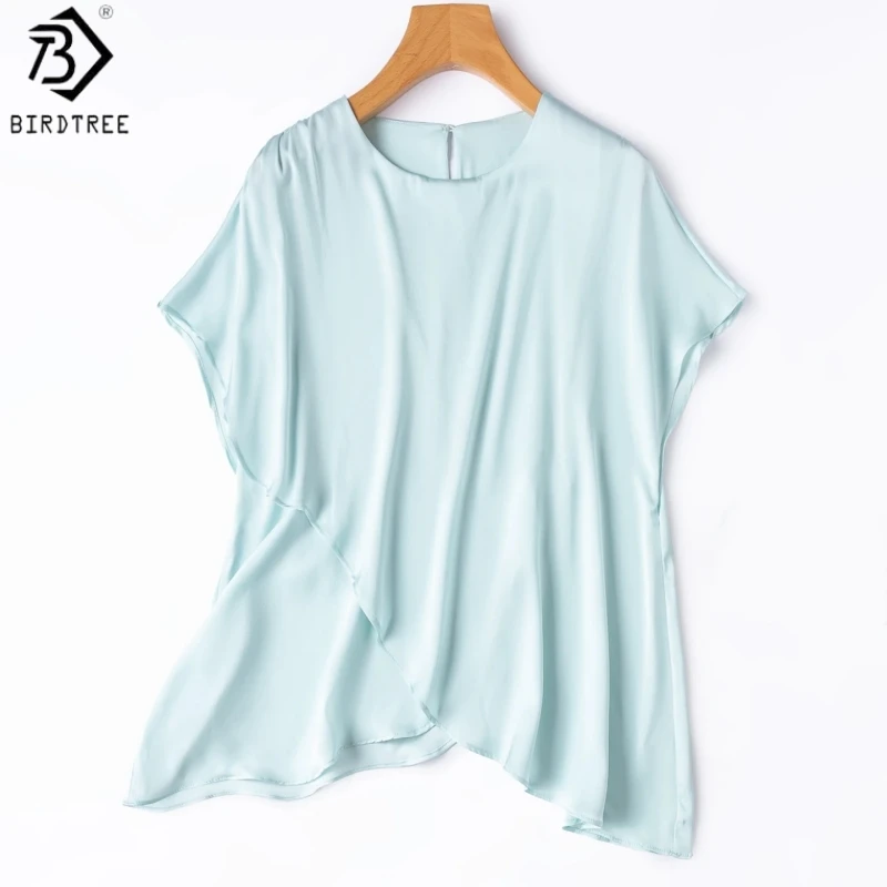 Birdtree, 19MM 93% Real Silk Chic Tshirt, Flutter Sleeve O-neck Tops, Women's Double Joe Solid Shirt, 2026 Autumn New T69424JF