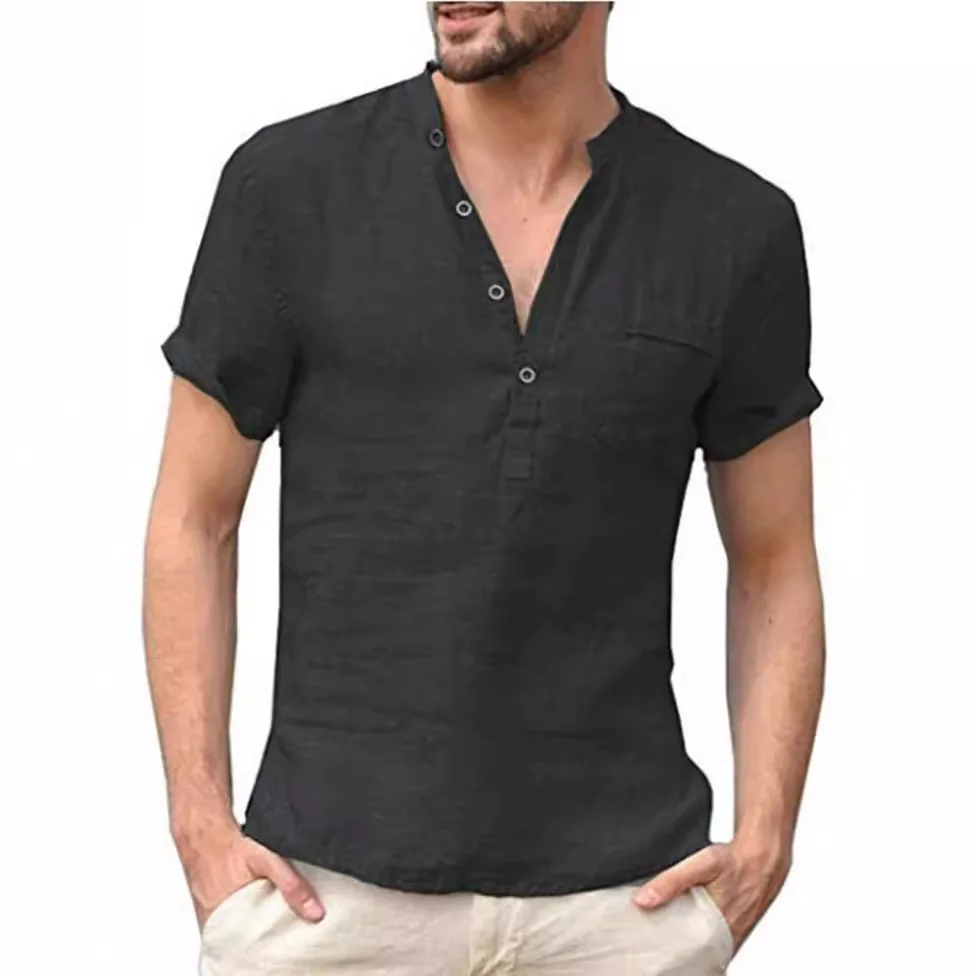 Summer Cotton Linen Short Sleeved Men\'s T-shirt Stand Up Collar Button Simple Short Sleeved Shirt Sports and Casual Men\'s Shirts