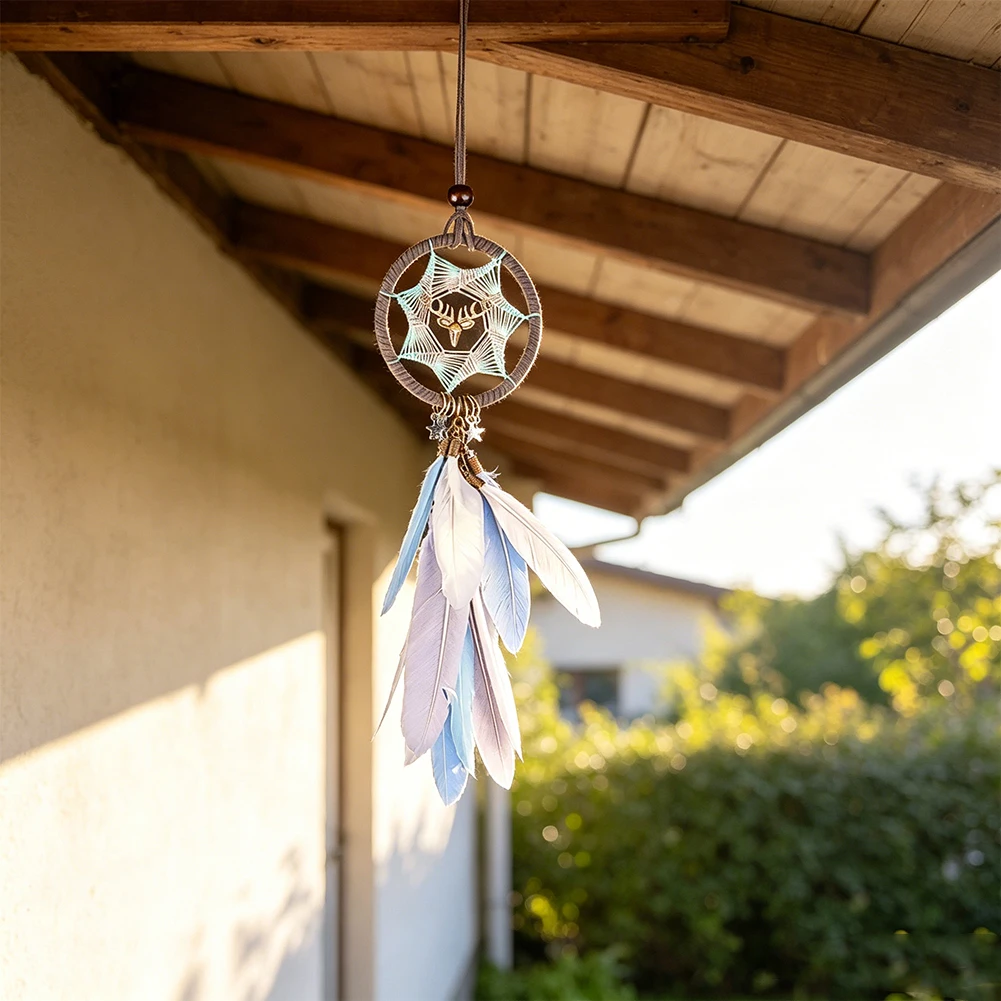 Dream Catcher Car Rearview Mirror Ornament Deer Head Pendant Boho Feather Tassel Woven Dreamcatcher Home Window Decoration Gift