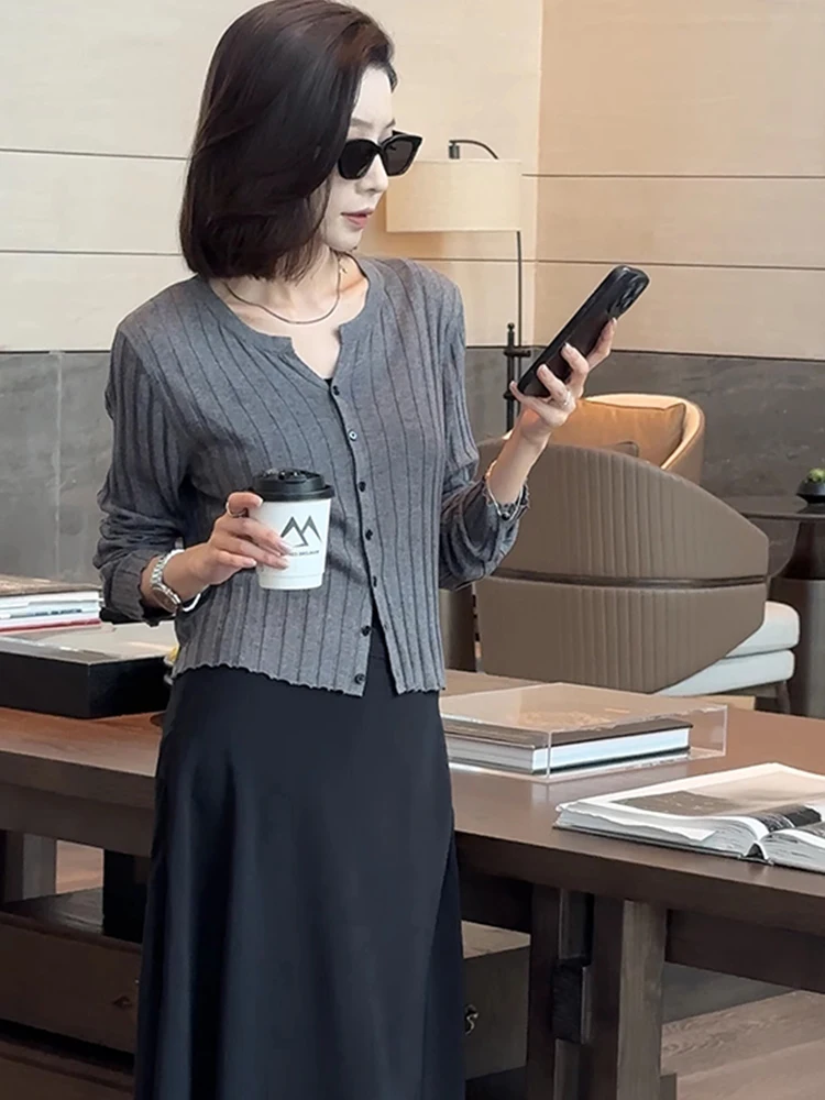 한국 슬레 니트 오픈 가디건 슬림 단색 텍스처 롱 슬리브 캐주얼 출퇴근 심플 레이지 슬레 탑 여성 패션