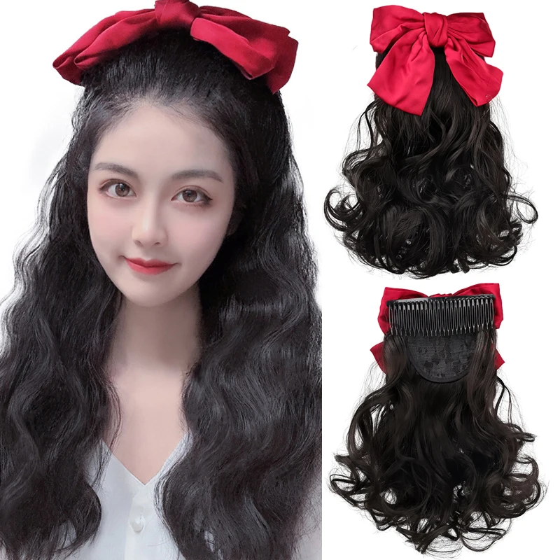 Comb Pongtail Wig for Women Red Bow Hair Comb Long Wavy Fake Ponytail Braid Retro Headdress Party wig 10 Inch