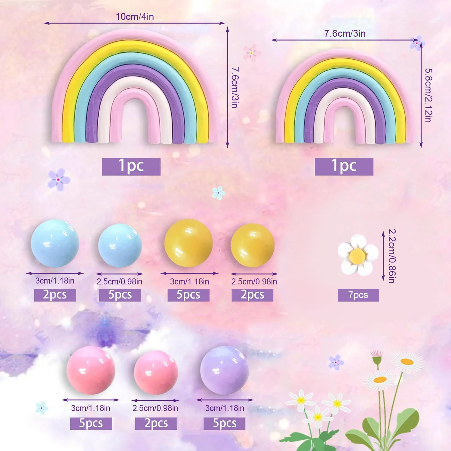 35 PCS Cake Toppers Boho Cake Topper Hippie Party Decorations with Flower Rainbow Balls Girl Birthday Party and Room Decoration