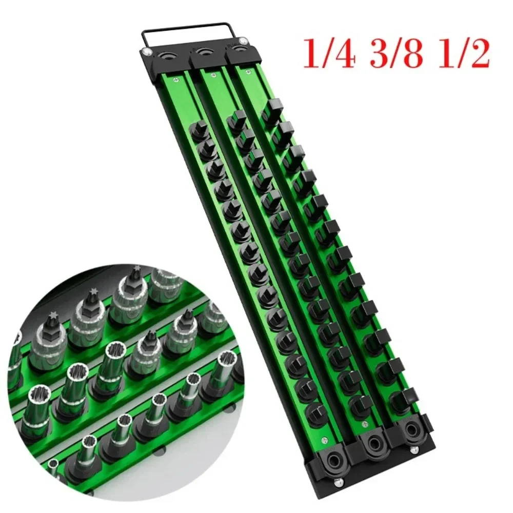yesMagnetic Sleeve Storage Rack 360° Rotating Plug Plate 1/4 3/8 1/2 Inch Socket Clip Rail Holder Green Hanging Storage Strip