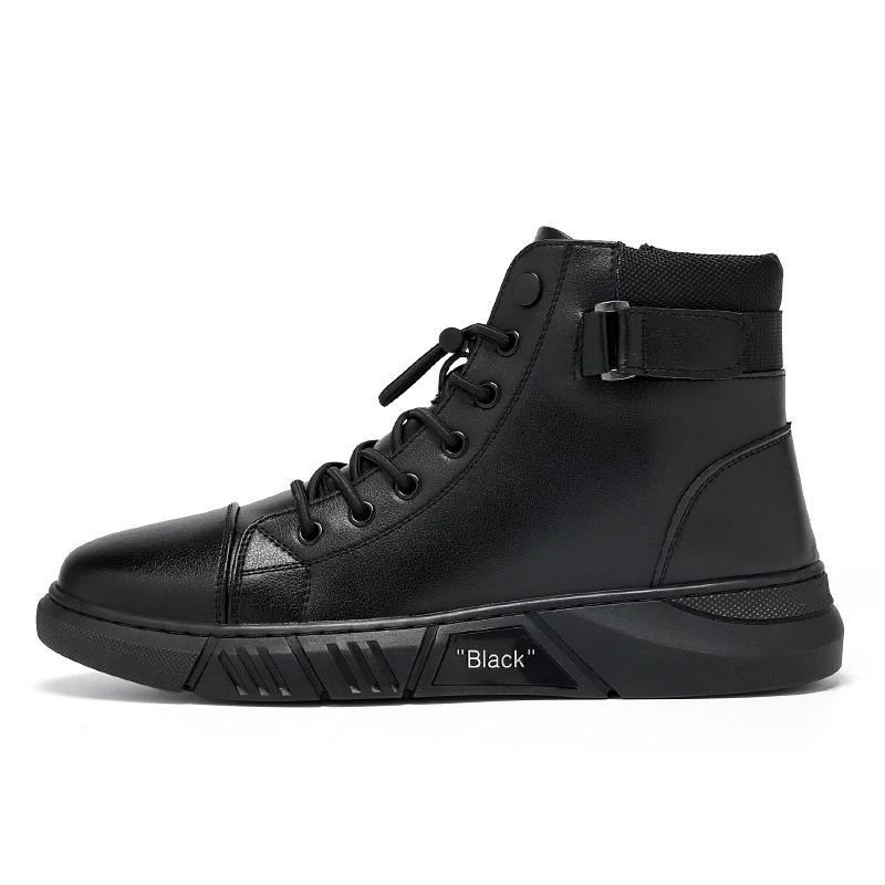 Ankle Boots Black PU Leather Men\'s Sports Shoes Autumn Winter Comfortable High-top Casual Fashion Platform Boots Man Round Head