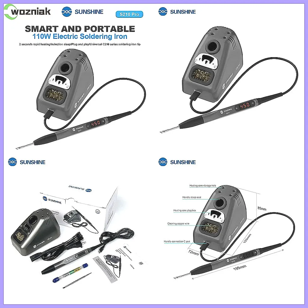 SUNSHINE 210 Pro Smart Soldering Iron, LED LCD Display, 100-450℃ Free Temp Control for Phone PCB Repair