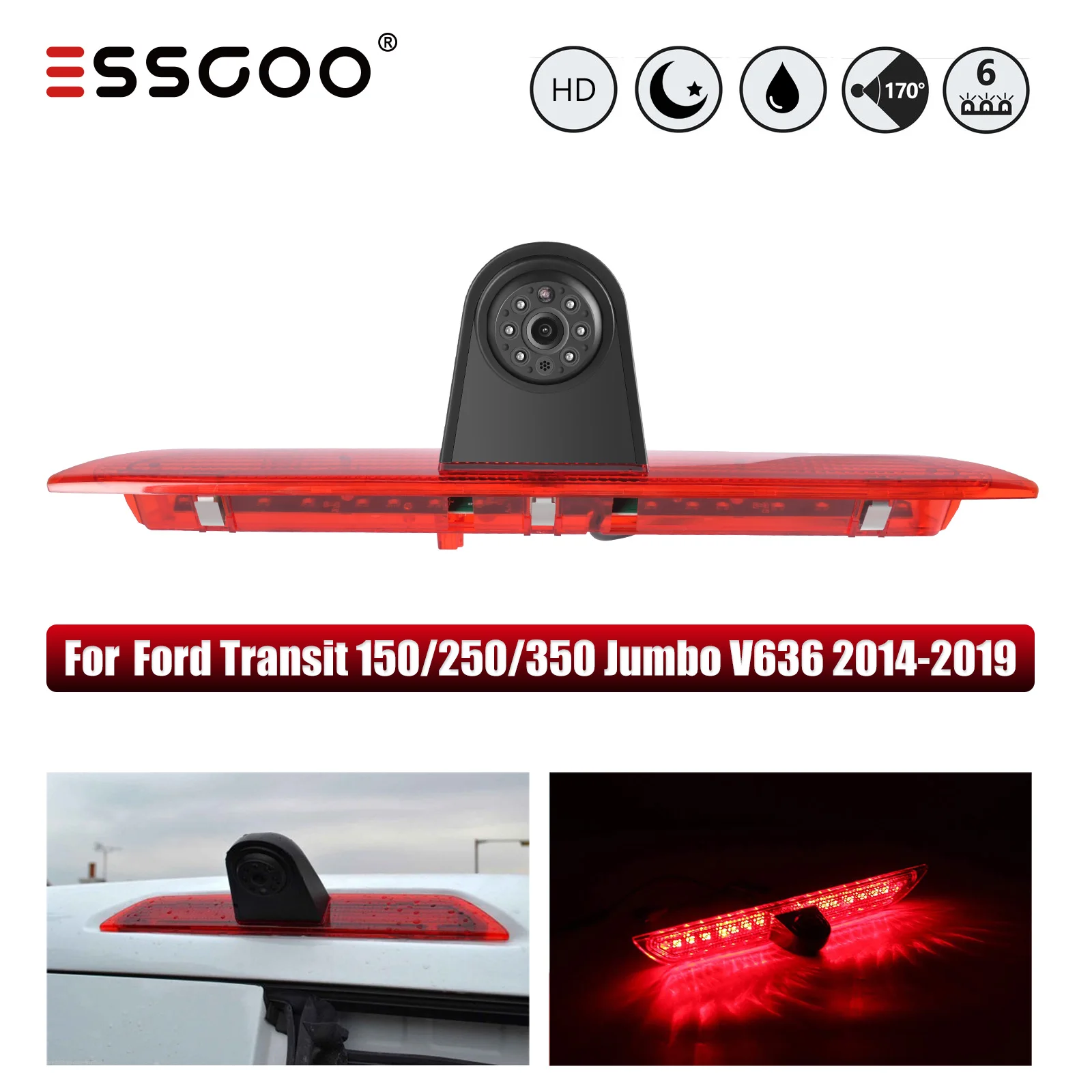 ESSGOO 3rd Brake Light Cover HD Rear View Backup Camera Night Vision For Ford Transit MK7 8 Tourneo Custom Jumbo F150/F250/F350