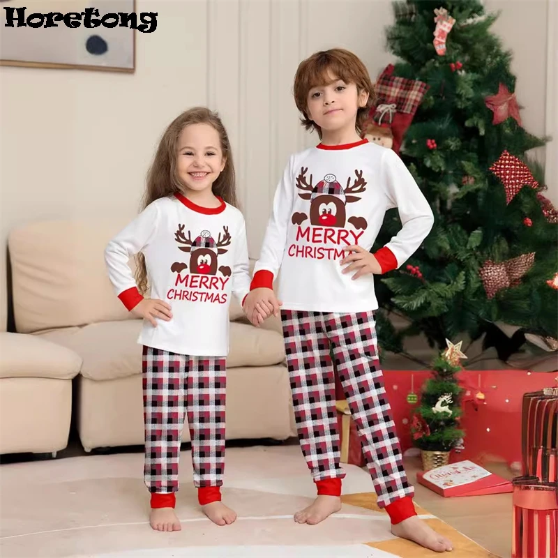 2024 Christmas Matching Family Pajamas Xmas Deer Print Plaid Pjs Adult Child Clothing Outfit Set Baby Jumpsuit+Dog Clothes