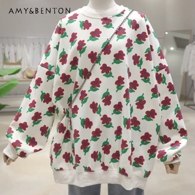 

Sweet Retro Flower Loose Sudadera 2024 Autumn Thin Medium And Long Cotton Round Neck Pullover Sweatshirts Women's Kawaii Hoodies