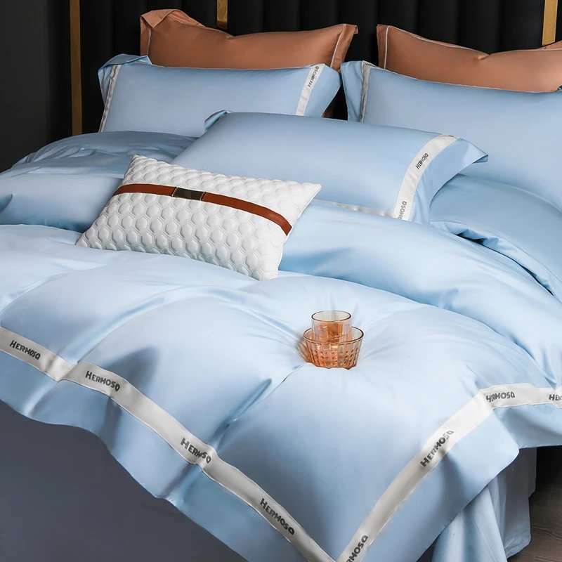 Luxury Blue Solid Color Egyptian Cotton Bedding Set, Duvet Cover, Linen Fitted Sheet, Pillowcases, Home Textile