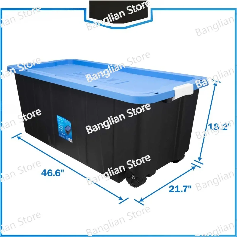 Gallon Rolling Plastic Storage Bin Container with Pull Handle, Black with Blue Lid, Set of 2