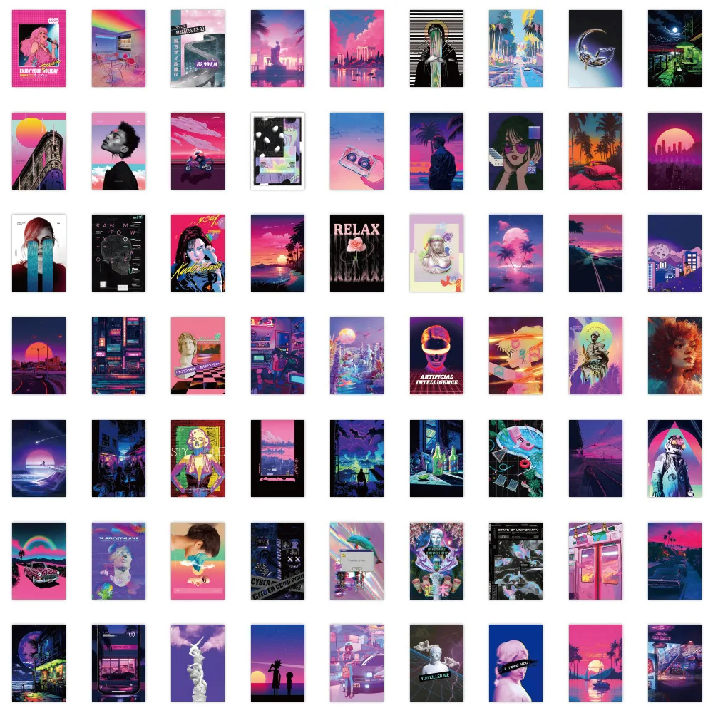 63PCS Vaporwave Psychedelic style Graffiti Stickers Laptop Motor Luggage Guitar Phone Skateboard Classic Sticker Toys