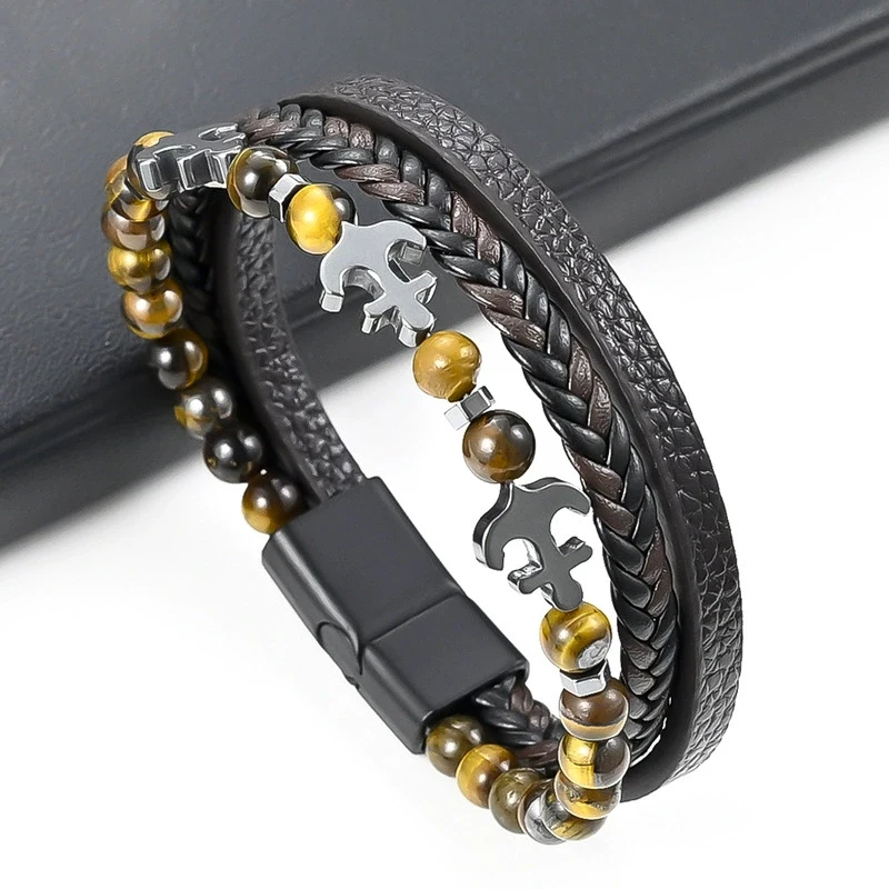 

Men's Punk Anchor Charm Tiger's Eye Natural Stone Bead Bracelet Fashion Woven Bag Wrist Strap Jewelry