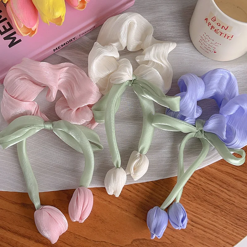 2024 Korean Floral Colored Scrunchies Sweet Women Girls Hair Ties Tulip Tassel Hair Rope Summer Hairband Hair Accessories