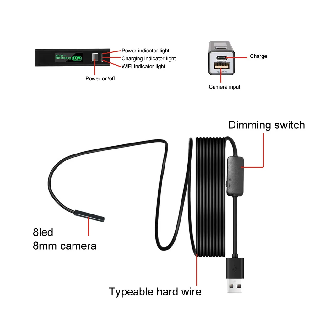 For IPhone Android Phones PC 8MM Mini Lens 5.0MP USB Car Inspection Borescope 1200P Waterproof Industrial Wifi Endoscope Camera