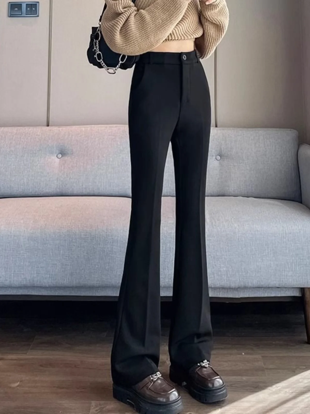 Women's Fleece Lined Tailored Pants High Waist Slimming Thickened Autumn Winter Black Micro Flared Trousers Casual Wear