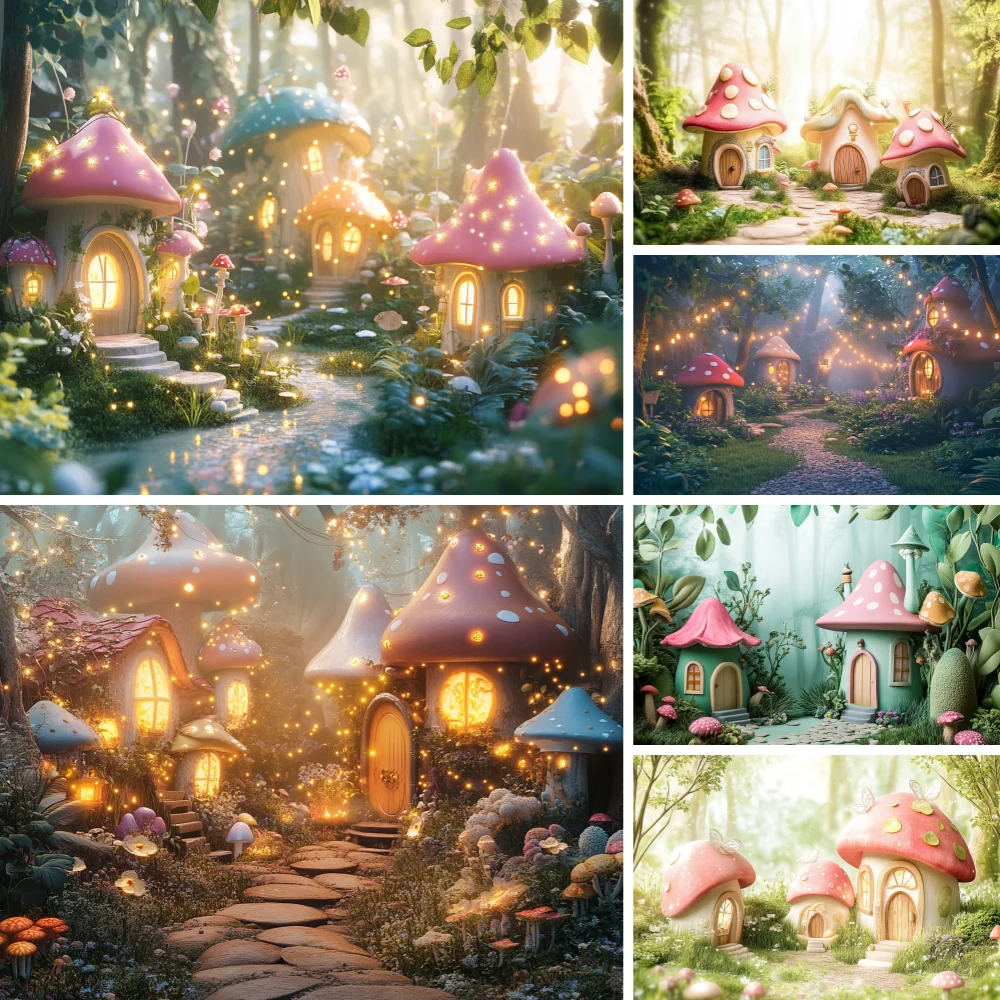 ฉากหลังงานปาร์ตี้วันเกิดธีมเทพนิยาย ป่าธรรมชาติในฝัน พร้อมเห็ด สำหรับถ่ายภาพในสตูดิโอ