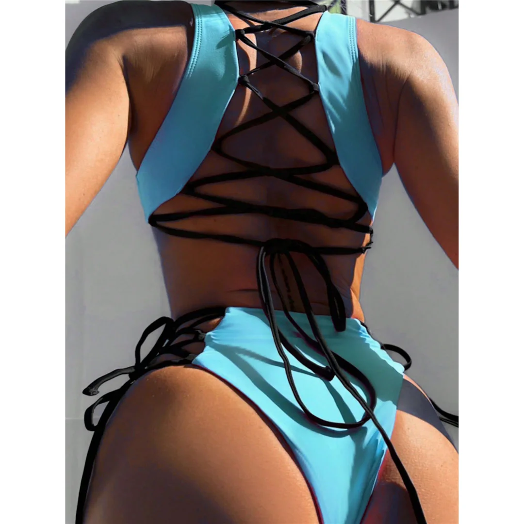 2026 Sexy Cut-Out-Badeanzug mit Schnürung und Riemchen, einteilig, Damen-Bademode, rückenfrei, mit hohem Beinausschnitt, Badeanzug, Badebekleidung, V5888 – Detail 8