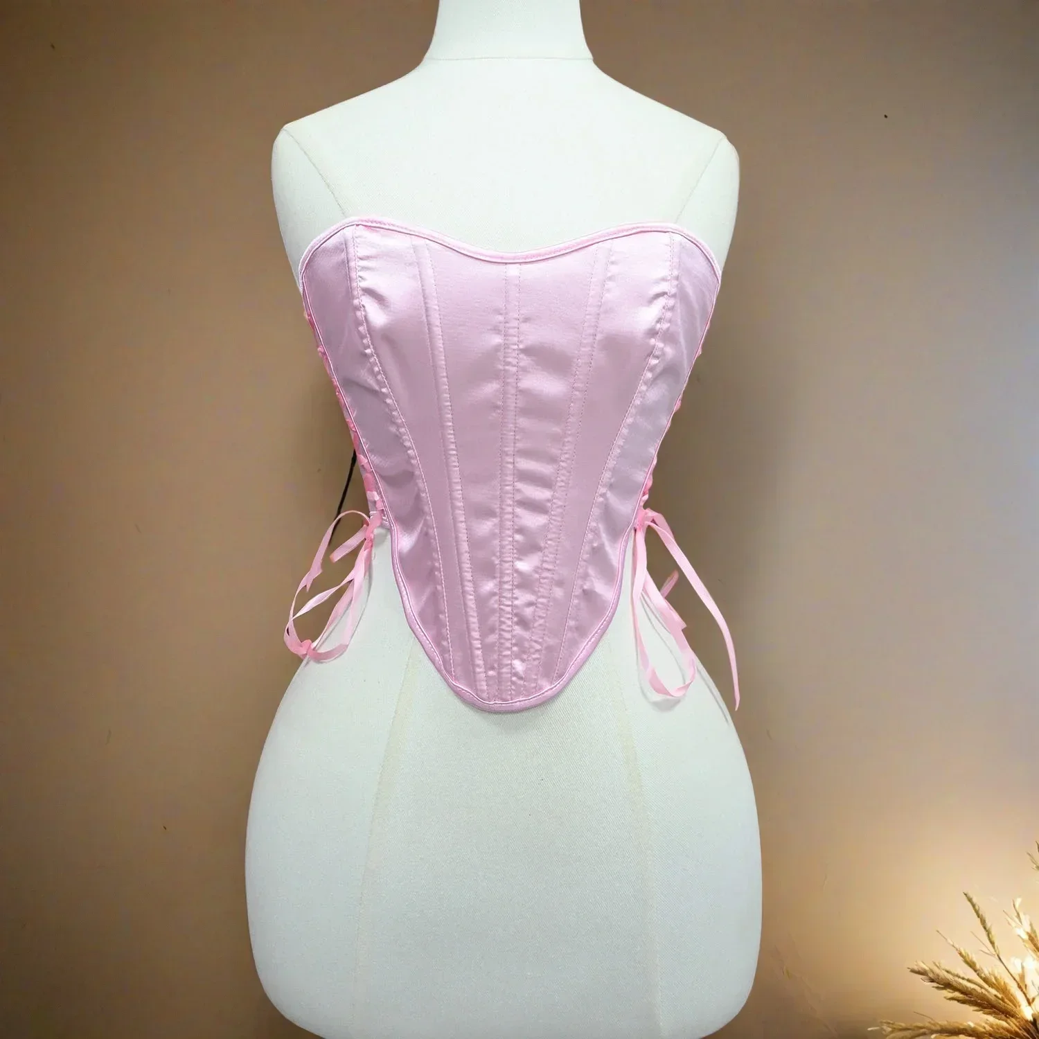 Women Corset Bustier Overbust Lace Up Shaping Vintage Bodice Pink Breast Strapless Crop Tops female Stage Costumes
