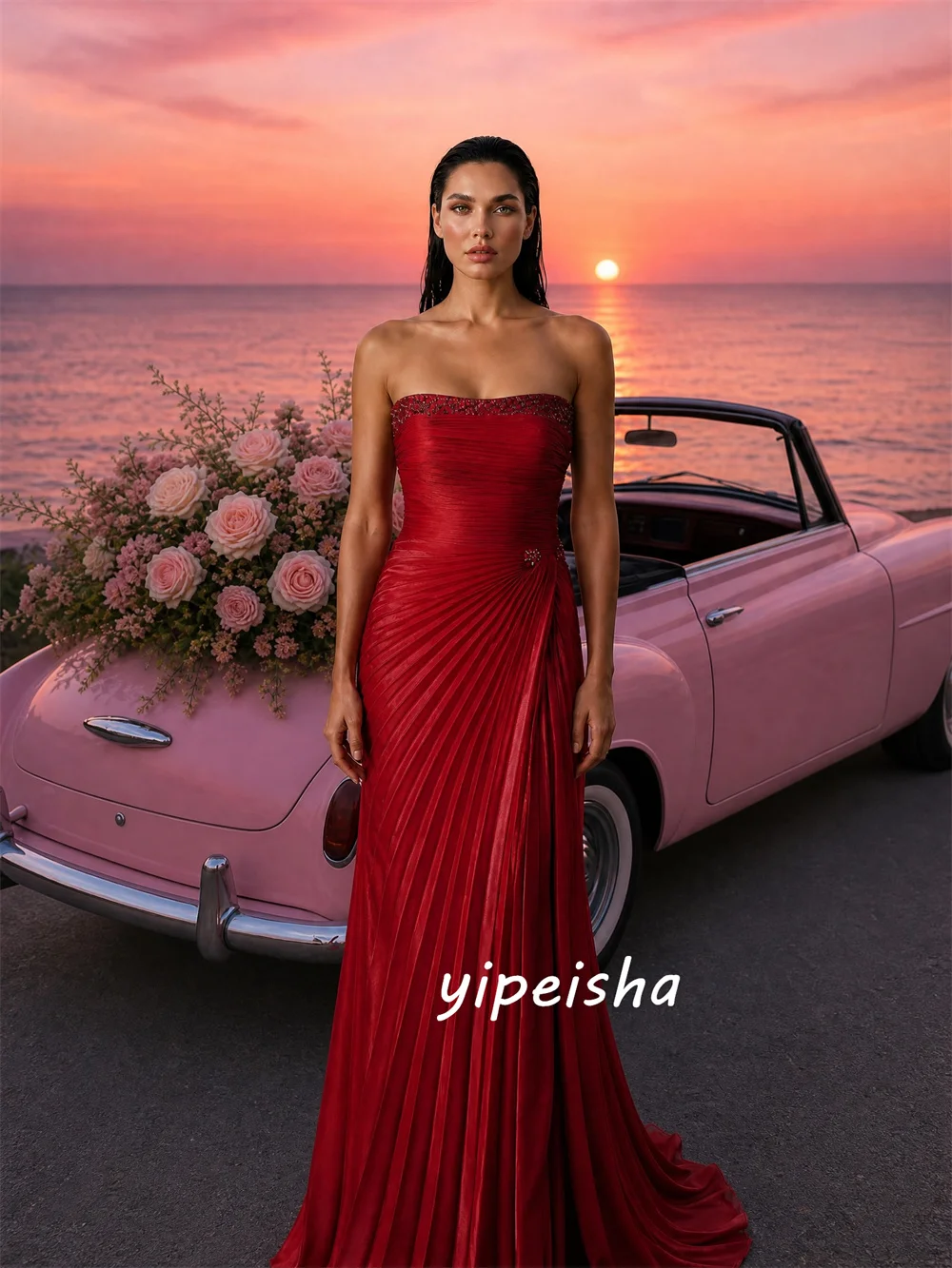 Customized Intricate Sexy Pleat Draped A-line Strapless Floor-Length Evening Dresses For Wedding Party Sizes Available Formal