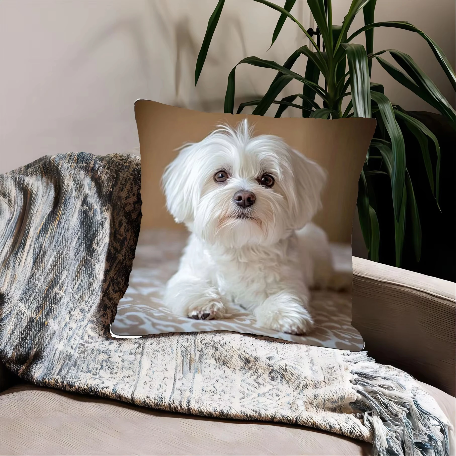45x45cm Cute Maltese Dog Pillow Cover | Durable Modern Style Cushion Case for Bedroom Home Decor