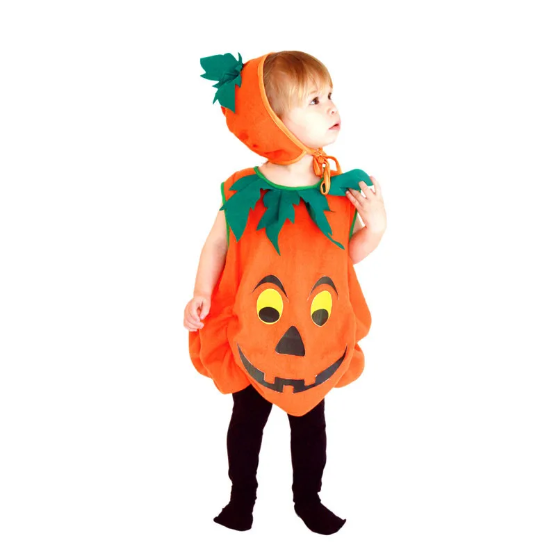 Children's Halloween Cosplay Costume Toddler Baby Kids Pumpkin Print Sleeveless Romper Jumpsuits Tops+Hats Performance Costume