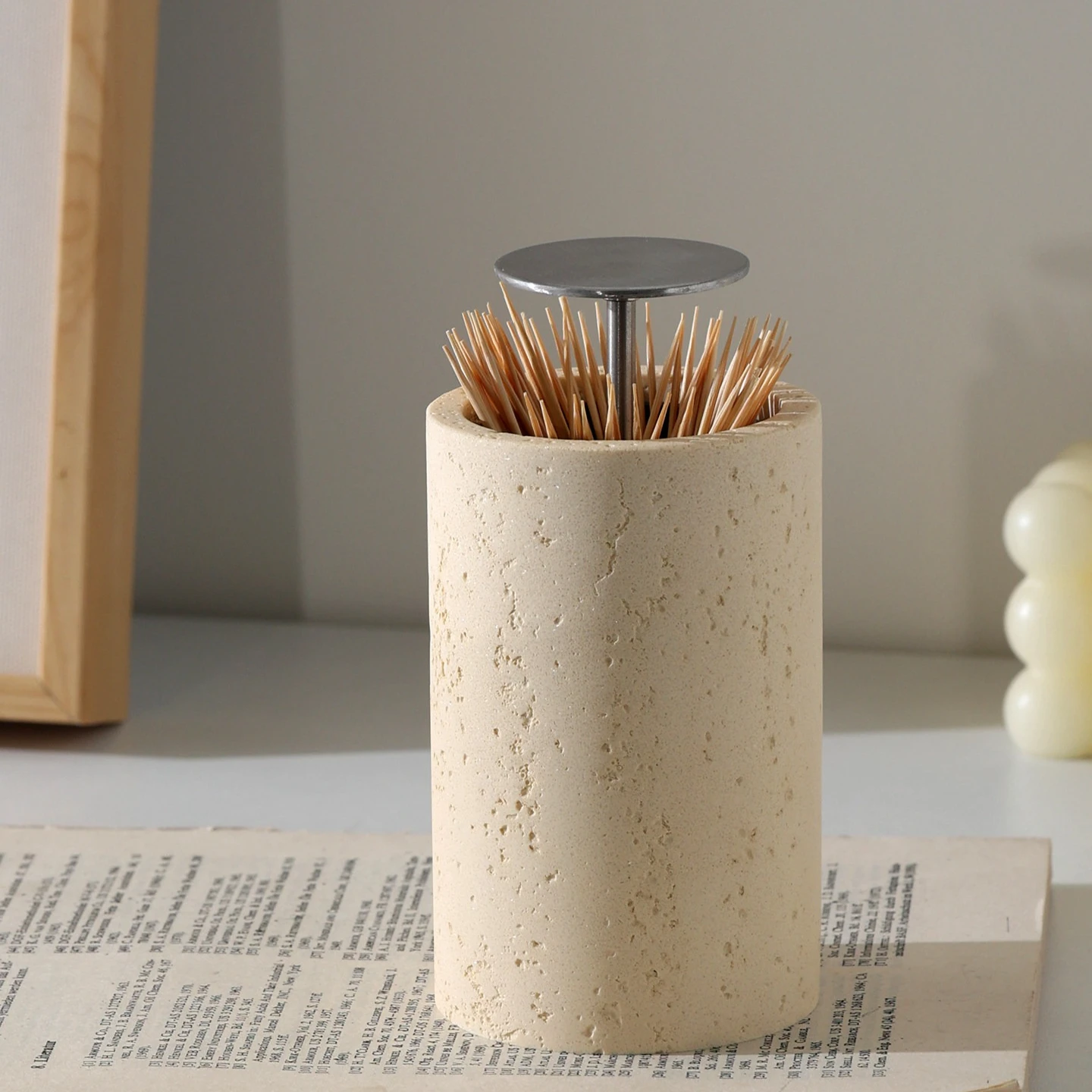 Premium Travertine Push-Type Automatic Toothpick Dispenser Jar, High-End Creative Pop-Up Holder for Home, Stylish & Elegant.