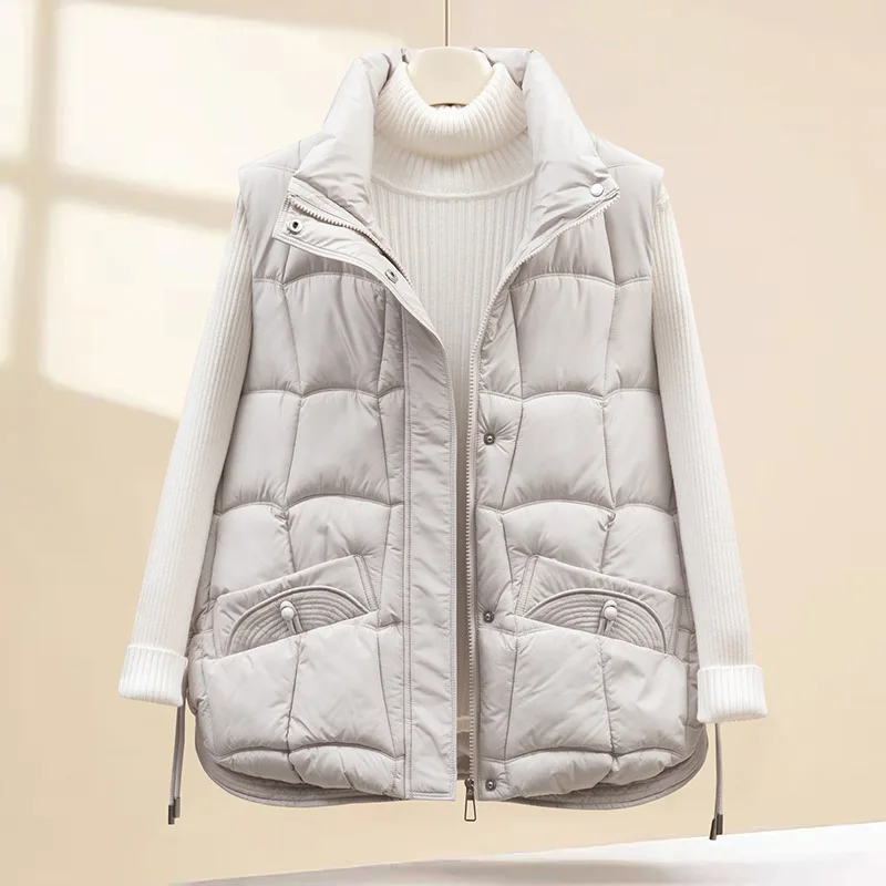 Women Short Parkas Vest Oversize Coats Solid Sleeveless Zipper Drawstring Loose Fit Thick Casual Office Lady 2025 Autumn Winter