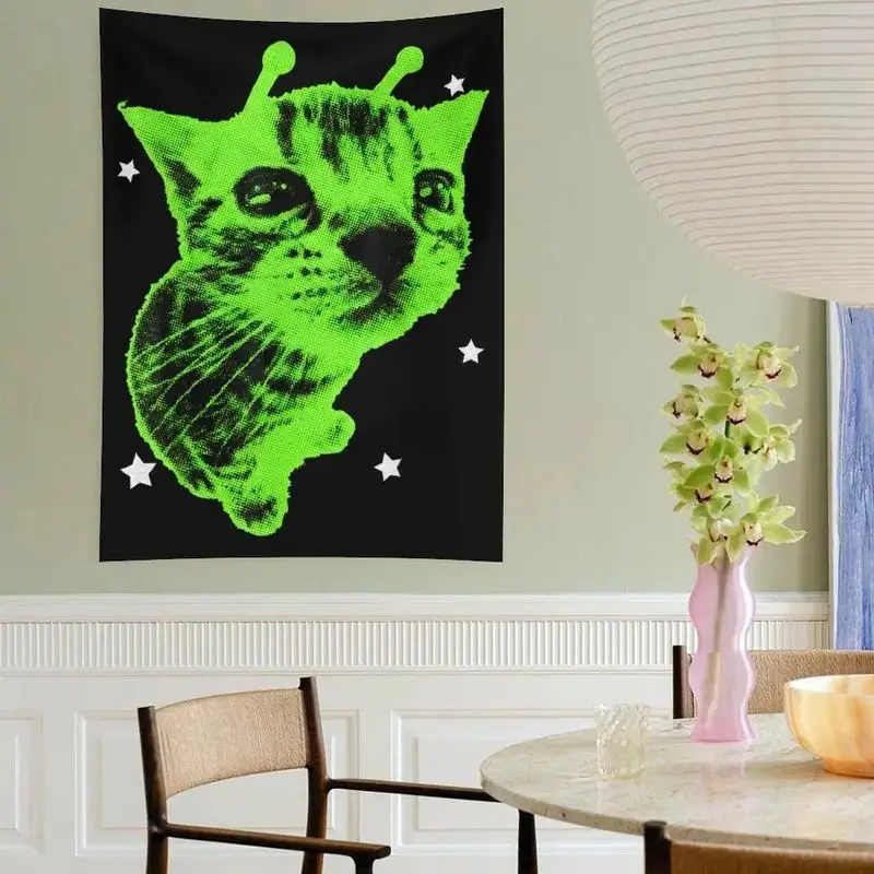 VIKAMA Green Blacklight Alien Cat Stars Tapestry Home Art Piece Wall Decor Bedroom Dorm UV Reactive Trippy Cool Soft Durable