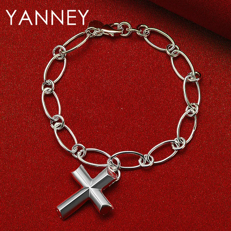 

925 Sterling Silver Jewelry 8 Inches Simple Cross Bracelet For Women Men Fashion Wedding Engagement Party Accessories