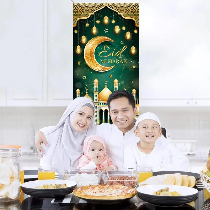 Green And Golden Porch Banner For Home 90x180cm Star Moon Lamp Print Religious Blessings Door Poster Waterproof Polyester